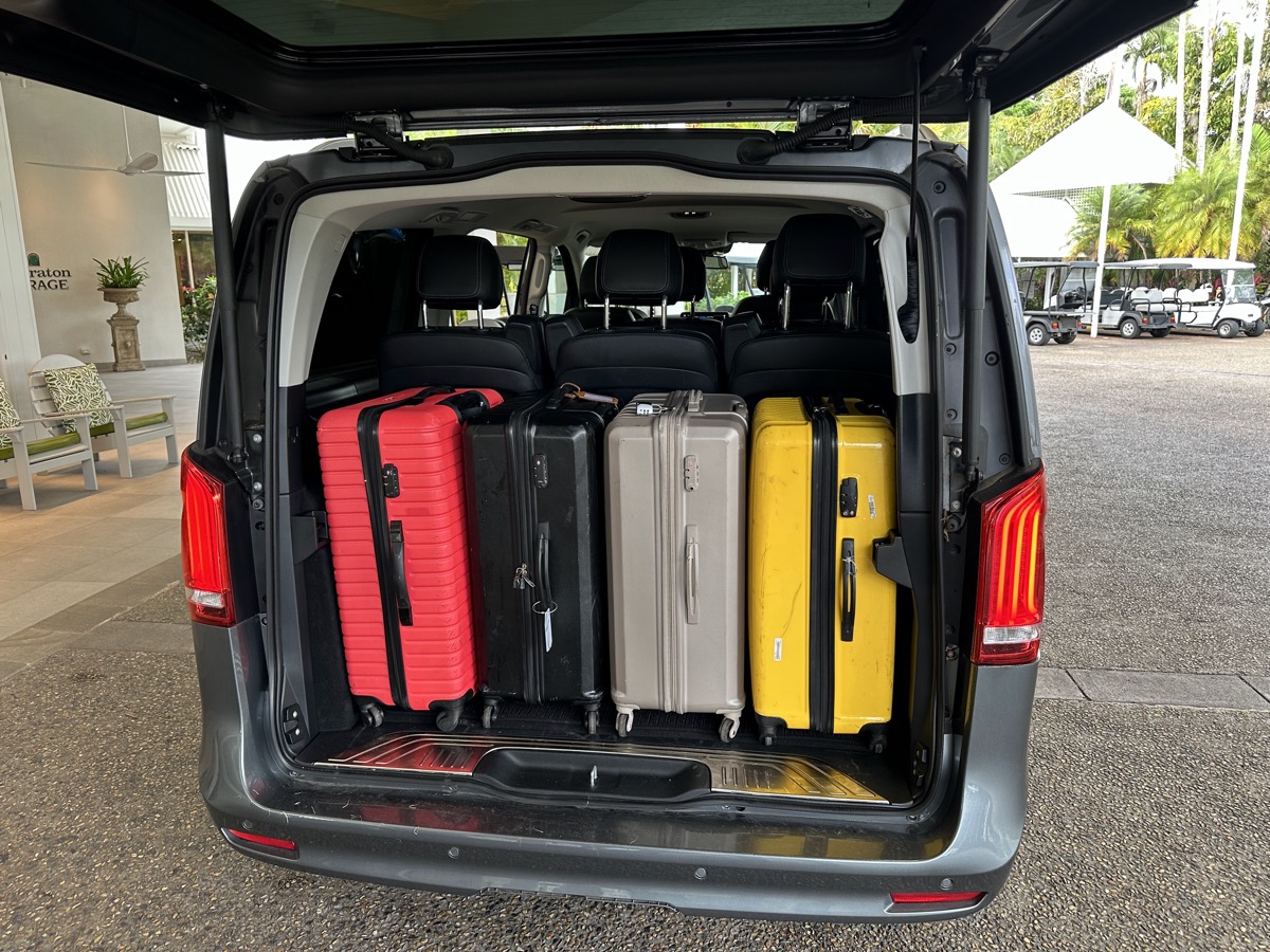 Luxury Mercedes V-Class drop-off at Sheraton Port Douglas with luggage